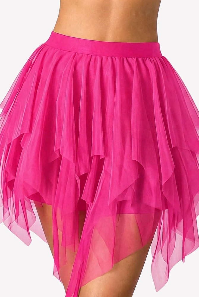 Pink layered tulle mini skirt with tiered mesh ruffles and sheer panels
