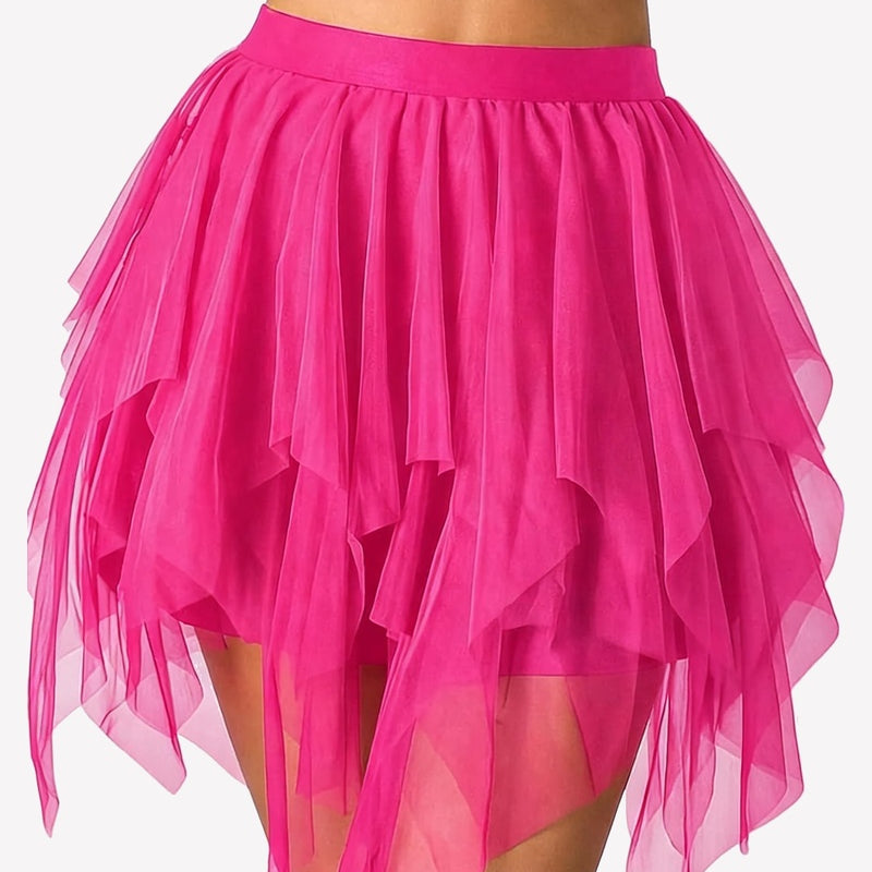 Pink layered tulle mini skirt with tiered mesh ruffles and sheer panels