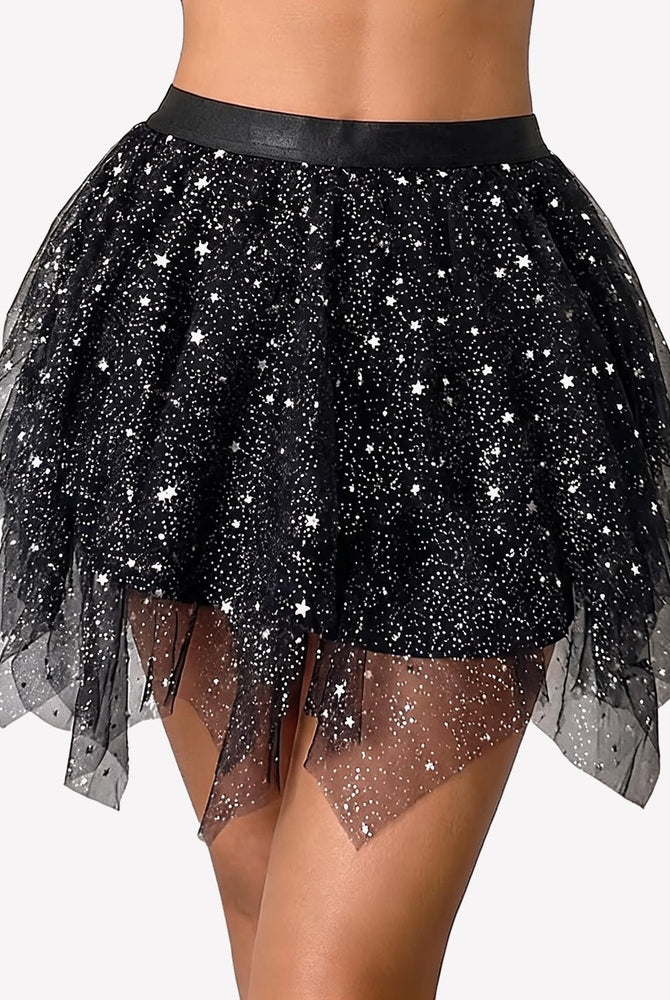 Black starry sequin tulle mini skirt with layered mesh and sheer hem