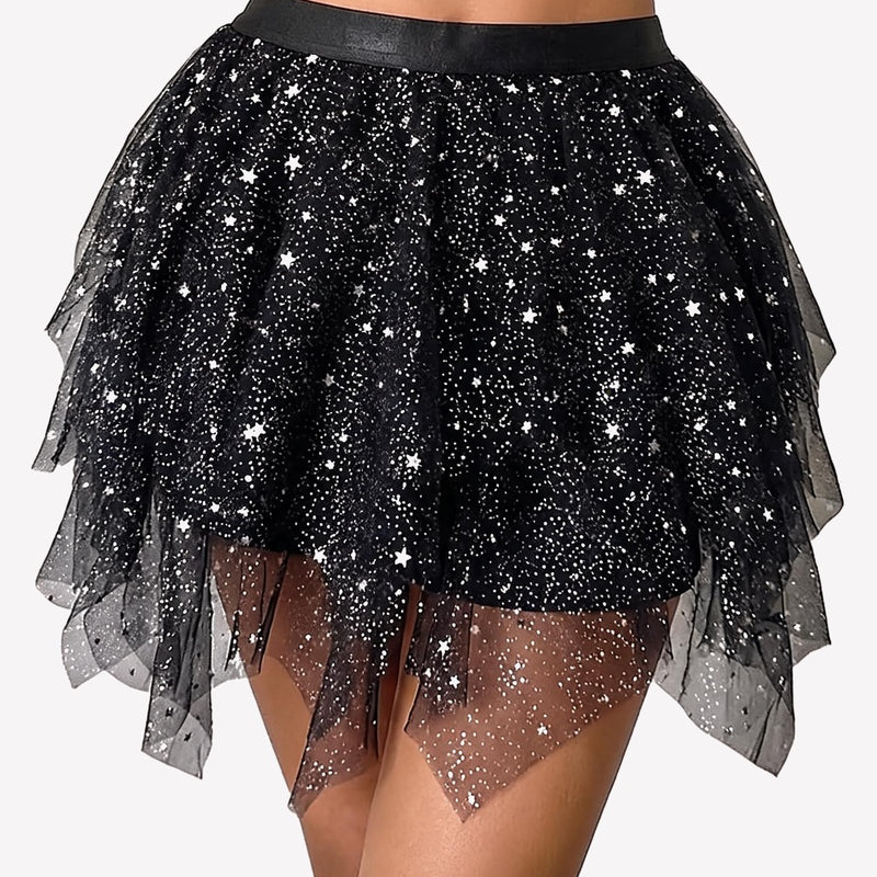 Black starry sequin tulle mini skirt with layered mesh and sheer hem