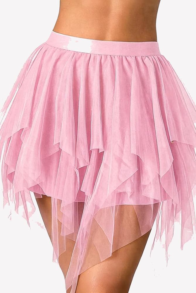 Blush pink layered tulle mini skirt with tiered mesh ruffles and sheer hem