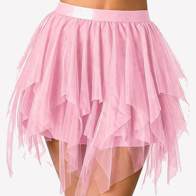 Blush pink layered tulle mini skirt with tiered mesh ruffles and sheer hem