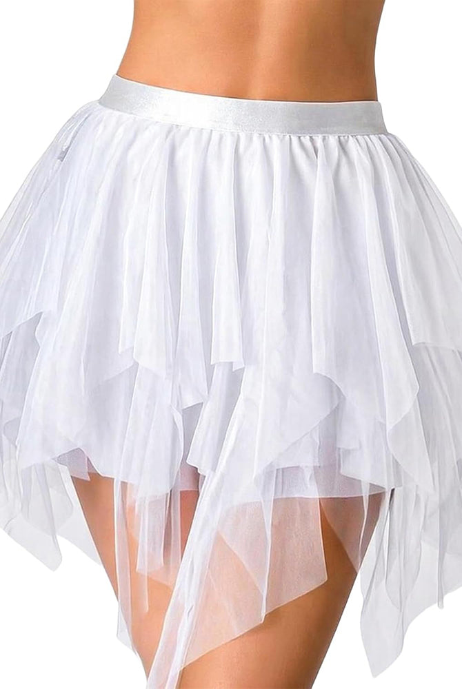 White layered tulle mini skirt with tiered mesh ruffles and sheer panels