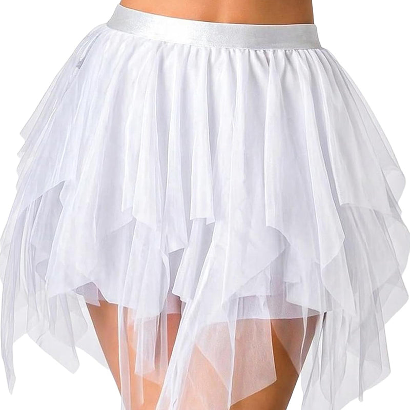 White layered tulle mini skirt with tiered mesh ruffles and sheer panels