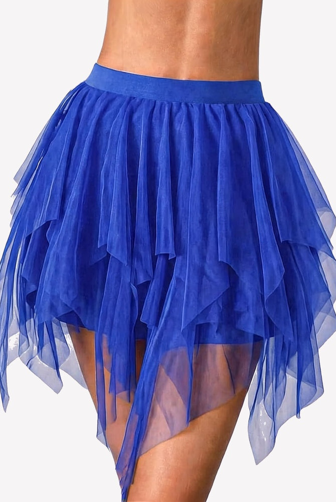 Blue layered tulle mini skirt with tiered mesh ruffles and sheer panels