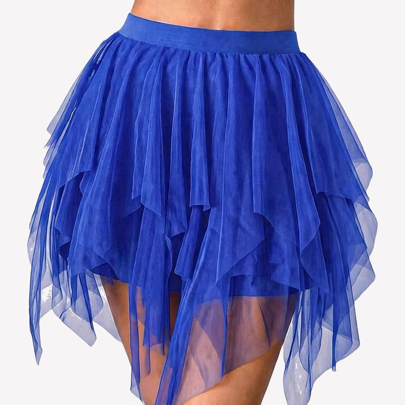 Blue layered tulle mini skirt with tiered mesh ruffles and sheer panels