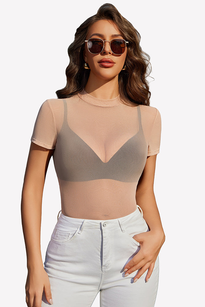 Light tan sheer mesh top with V-shaped yoke, short sleeves.