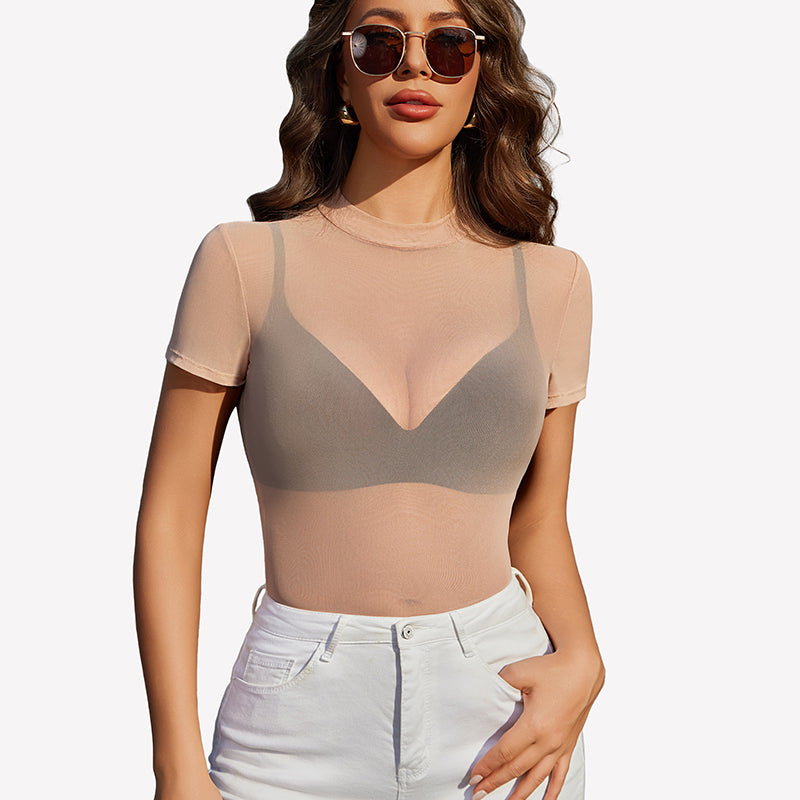 Light tan sheer mesh top with V-shaped yoke, short sleeves.