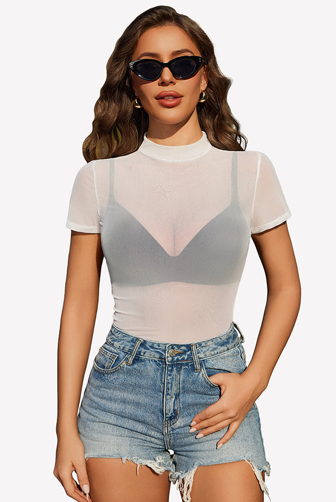 White sheer mesh top with V-shaped yoke, short sleeves, mock neck.