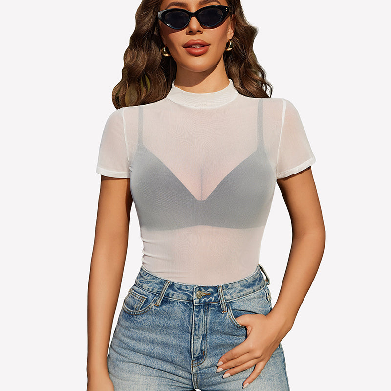 White sheer mesh top with V-shaped yoke, short sleeves, mock neck.
