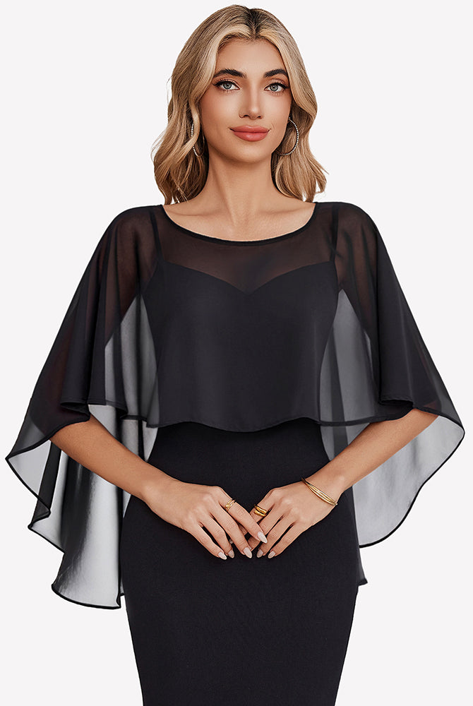 Black chiffon cape shawl with draped half-sleeve overlay and sheer look