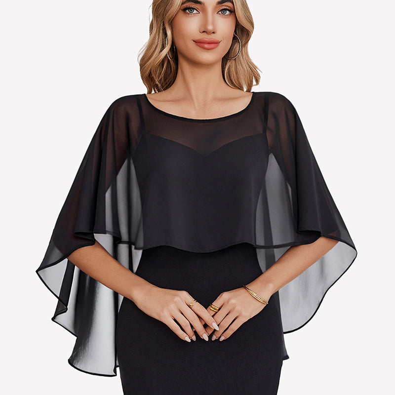 Black chiffon cape shawl with draped half-sleeve overlay and sheer look