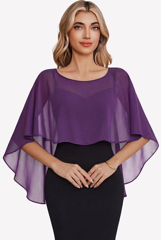 Purple chiffon cape shawl with draped half-sleeve overlay over a dress