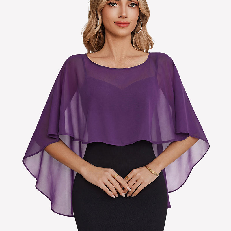 Purple chiffon cape shawl with draped half-sleeve overlay over a dress