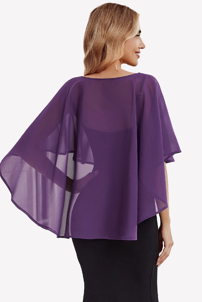Purple chiffon cape shawl with draped flutter sleeves, layered translucent fabric.