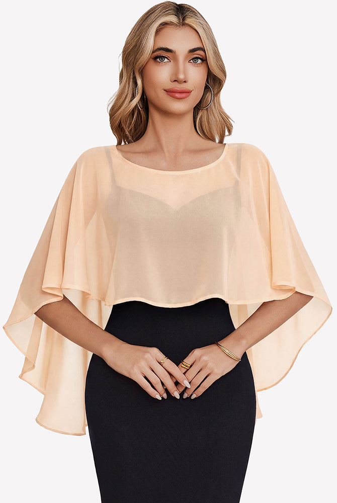 Champagne chiffon cape shawl with flowy flutter sleeves and layered sheer panels.