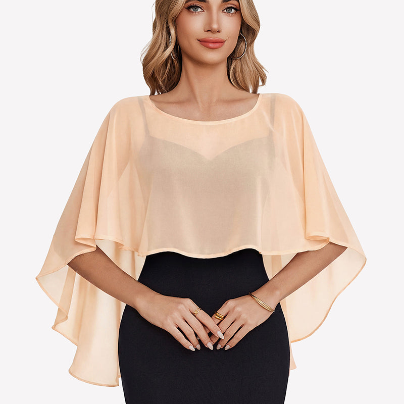 Champagne chiffon cape shawl with flowy flutter sleeves and layered sheer panels.