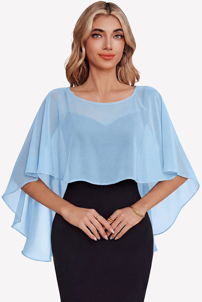 Light blue chiffon cape shawl with draped half-sleeve overlay over a dress
