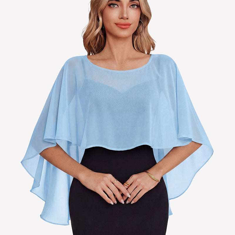 Light blue chiffon cape shawl with draped half-sleeve overlay over a dress