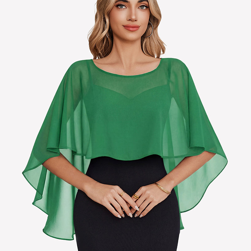 Green chiffon cape shawl with draped half-sleeve overlay over a dress