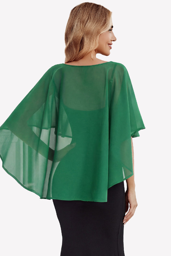 Green chiffon cape shawl with airy back drape and loose cape sleeves