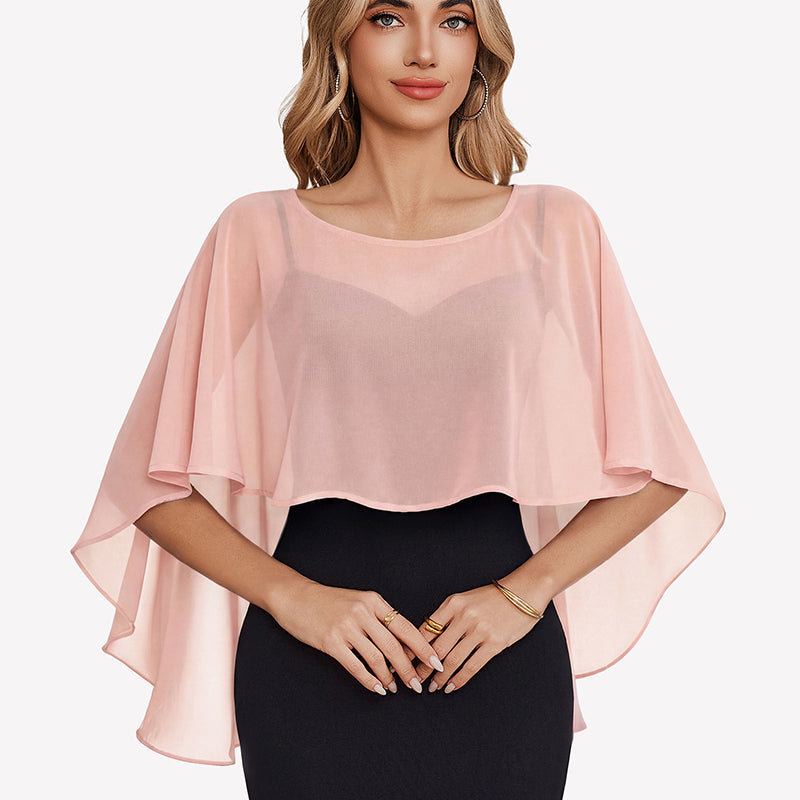 Blush pink chiffon cape shawl with flutter sleeves and layered sheer cape overlay.