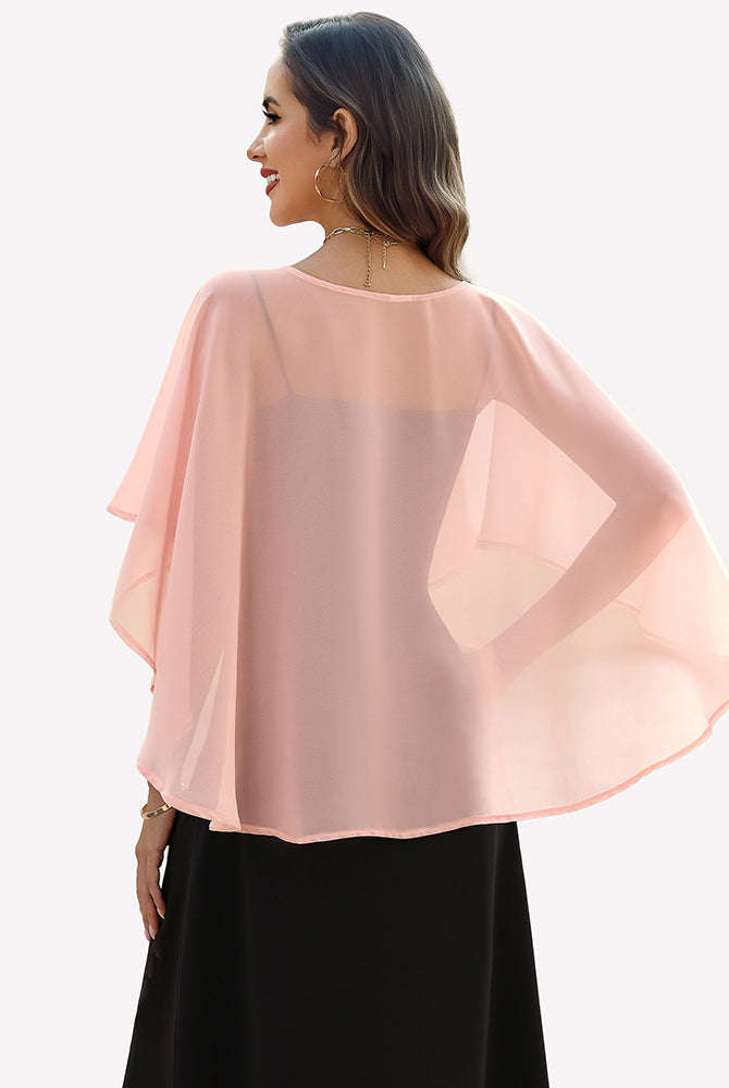 Blush pink chiffon cape shawl with draped flutter sleeves and flowing cape back.