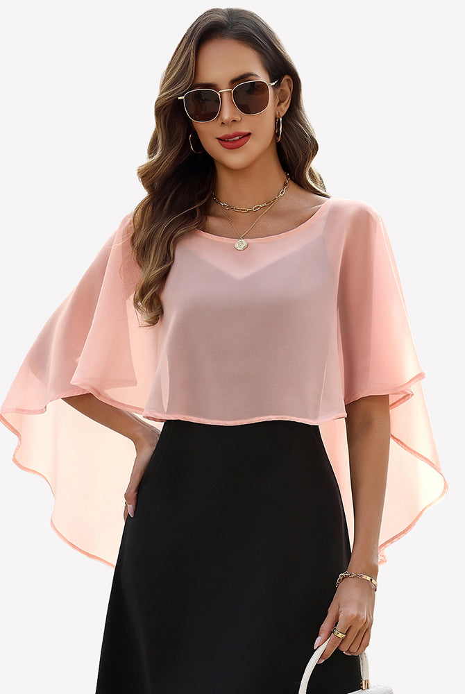 Blush chiffon cape shawl with flutter sleeves and layered sheer cape panel detail.