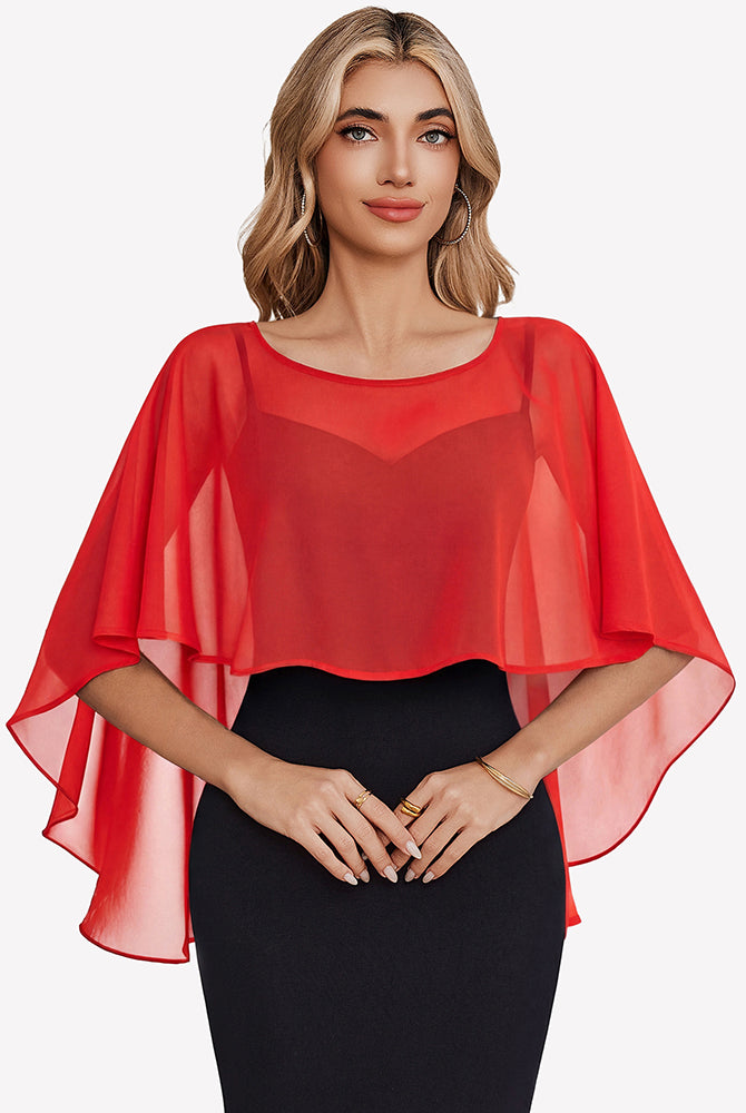Red chiffon cape shawl with draped flutter sleeves and layered sheer cape overlay.
