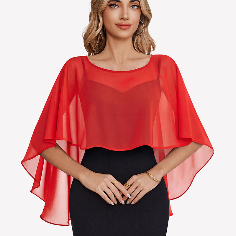 Red chiffon cape shawl with draped flutter sleeves and layered sheer cape overlay.