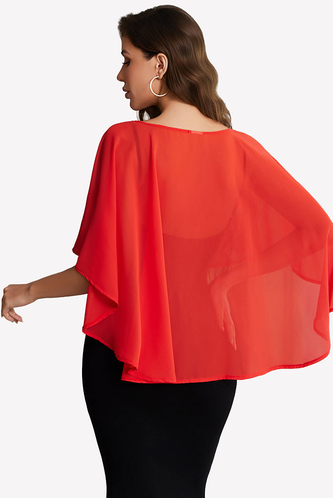 Red chiffon cape shawl with draped flutter sleeves and flowing sheer back panel.