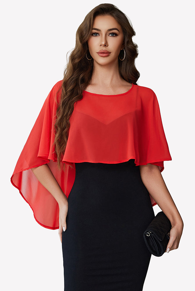 Red chiffon cape shawl with flutter sleeves and layered sheer cape overlay above waist.