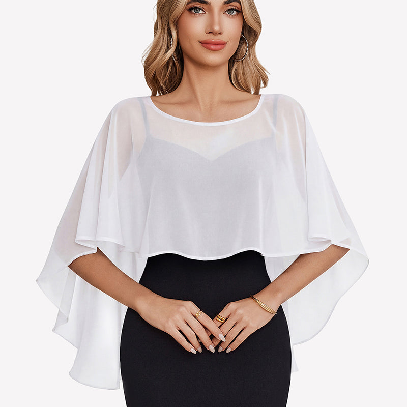 White chiffon cape shawl with sheer drape sleeves, layered over a dress