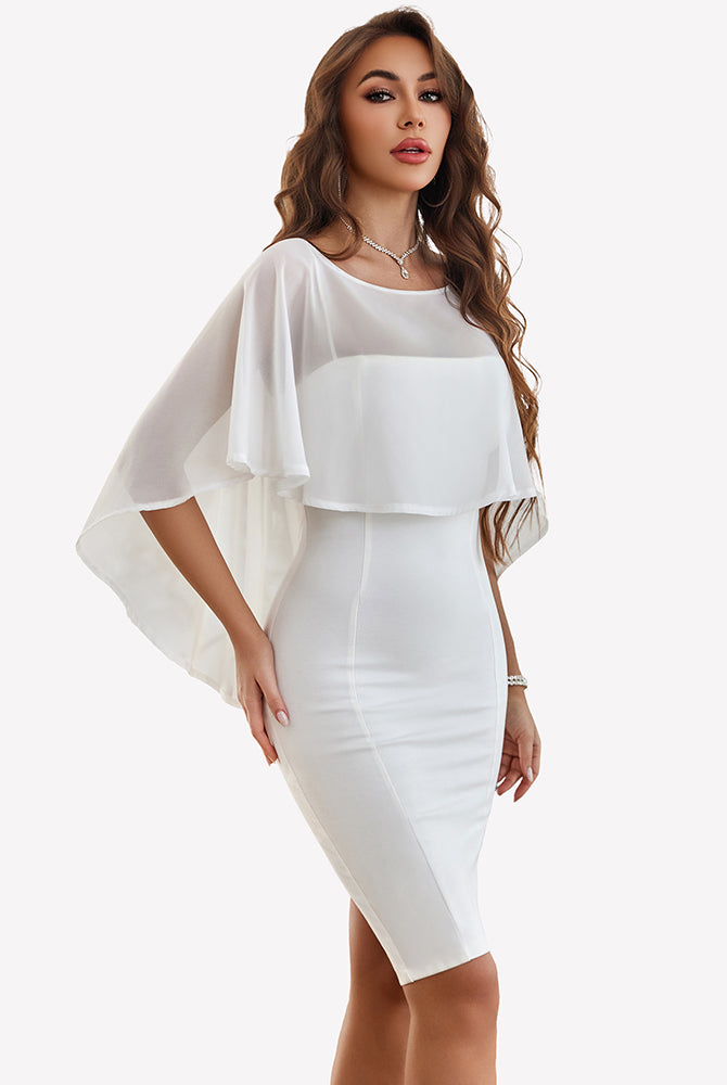 White chiffon cape shawl with flowy elbow-length sleeves and layered bodice