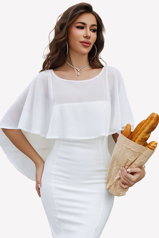 White chiffon cape shawl with loose cape sleeves and soft layered front