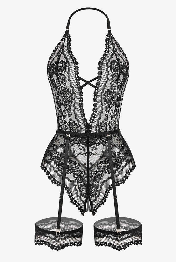 Black lace halter teddy bodysuit with front cutout and garter top cuffs