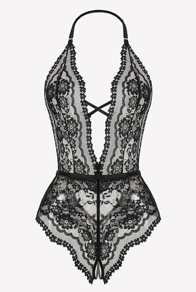 Black lace halter teddy bodysuit front view with cutout and garter cuffs
