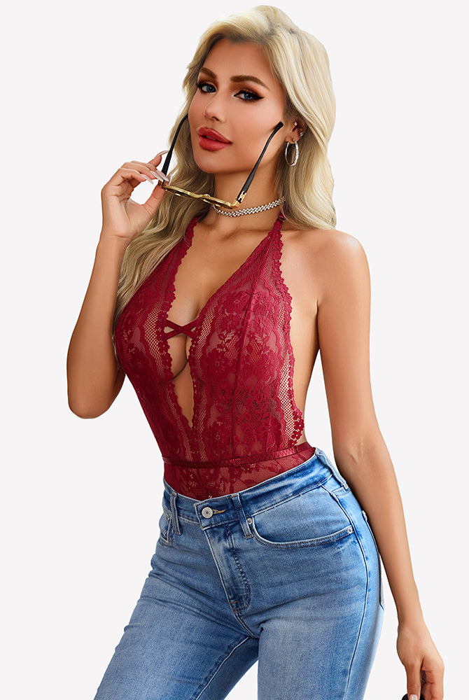 Burgundy lace deep V teddy bodysuit with cutout front