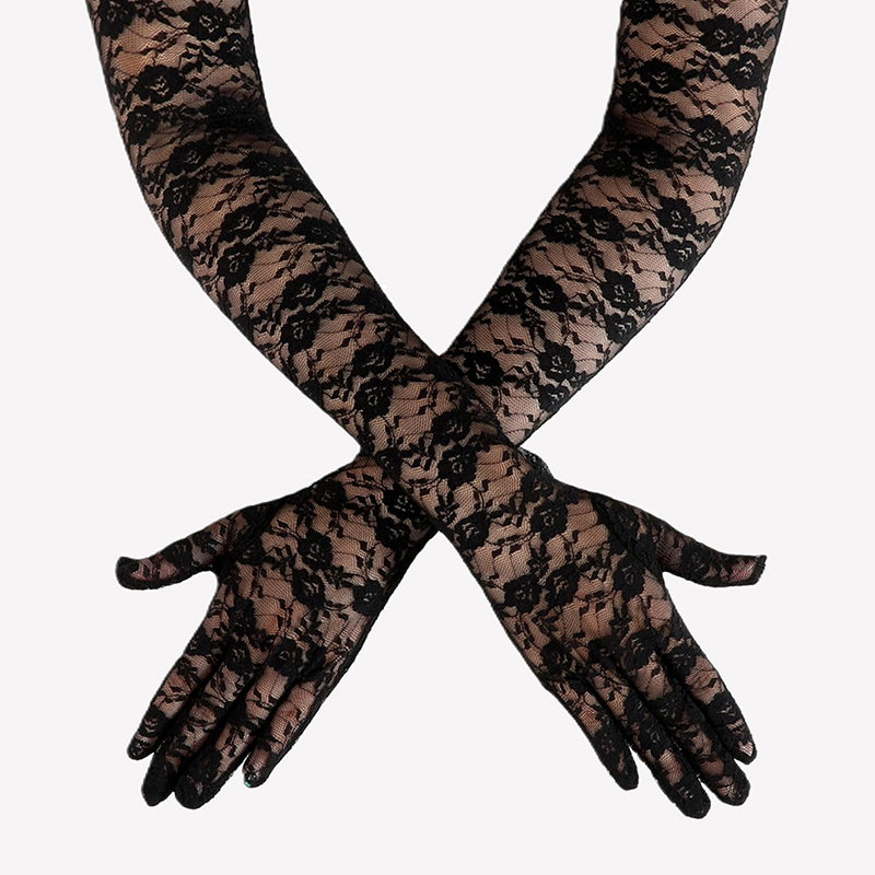 Elbow-length black lace gloves with floral lace pattern and bow-style wrist ties