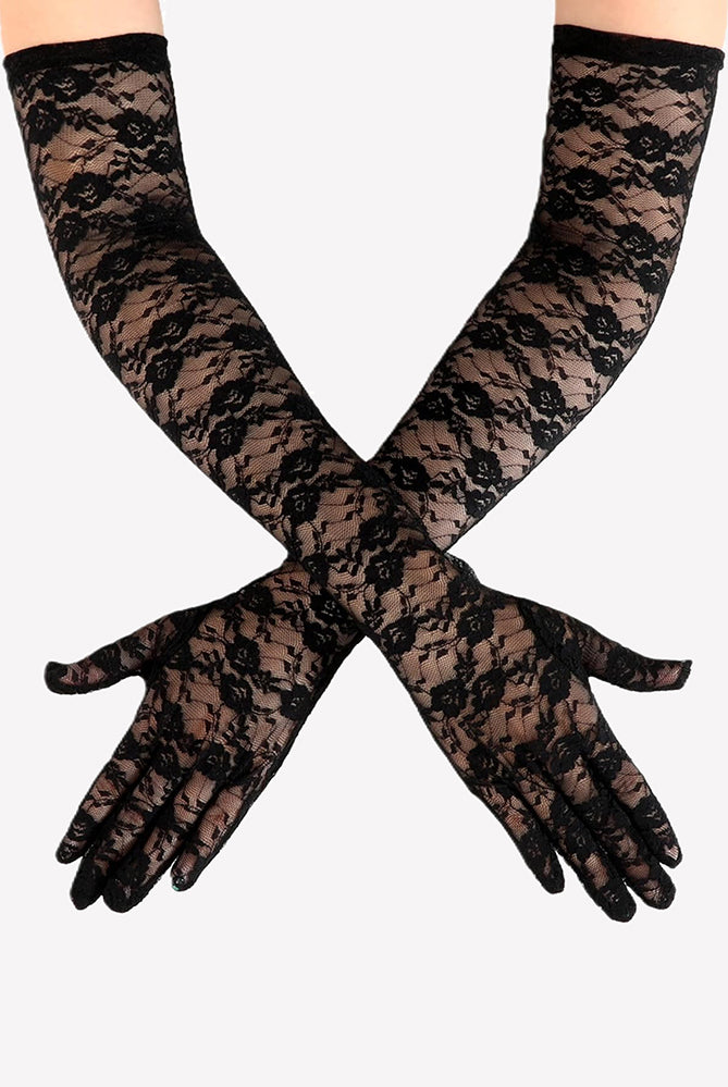 Elbow-length black lace gloves with floral lace pattern and bow-style wrist ties