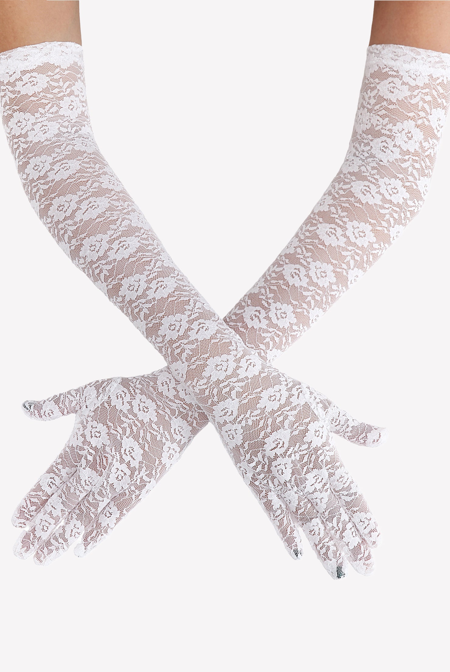 Elbow-length white lace gloves with floral lace pattern and long fingered cuffs