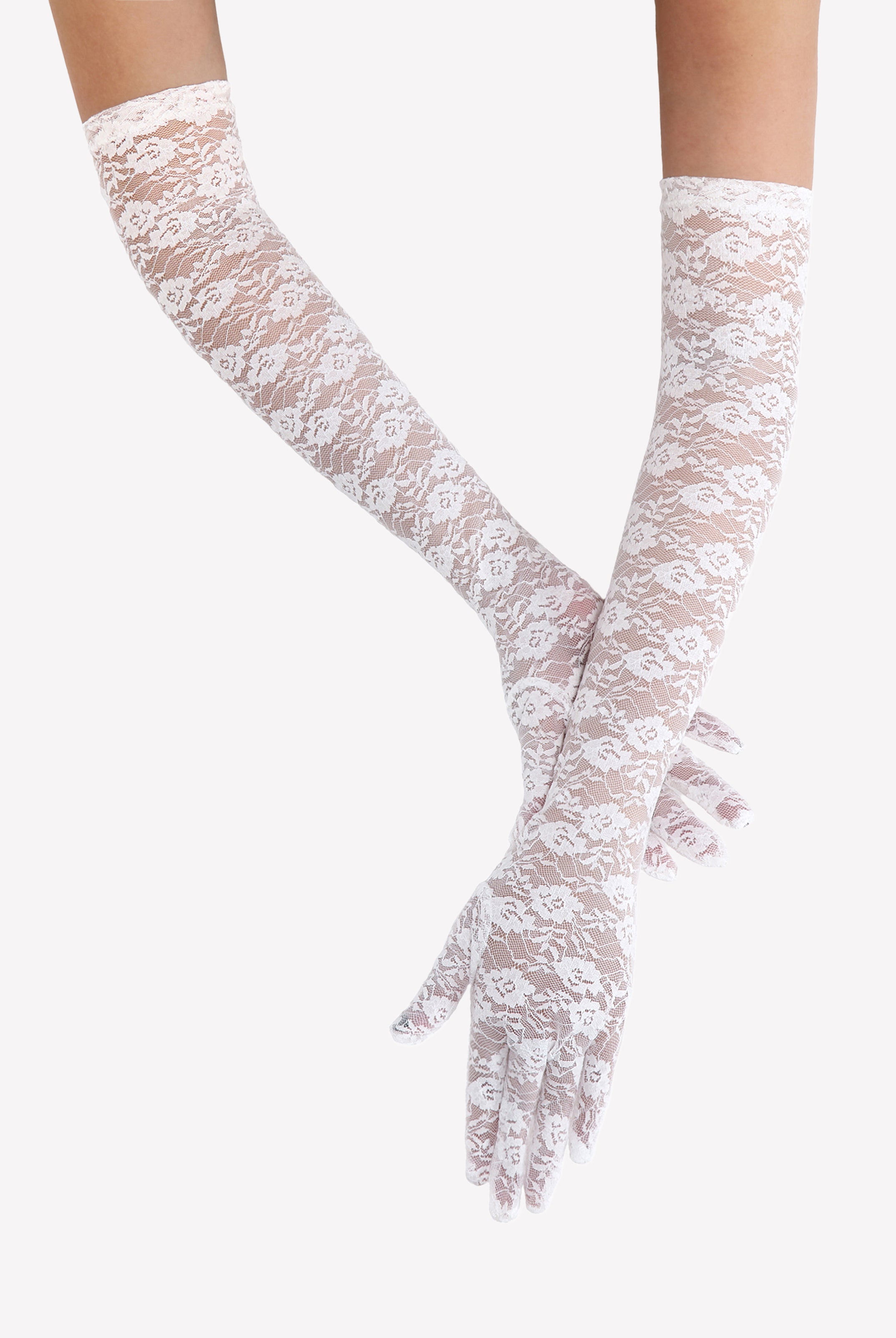 Elbow-length white lace opera gloves with floral pattern and bow-style wrist ties