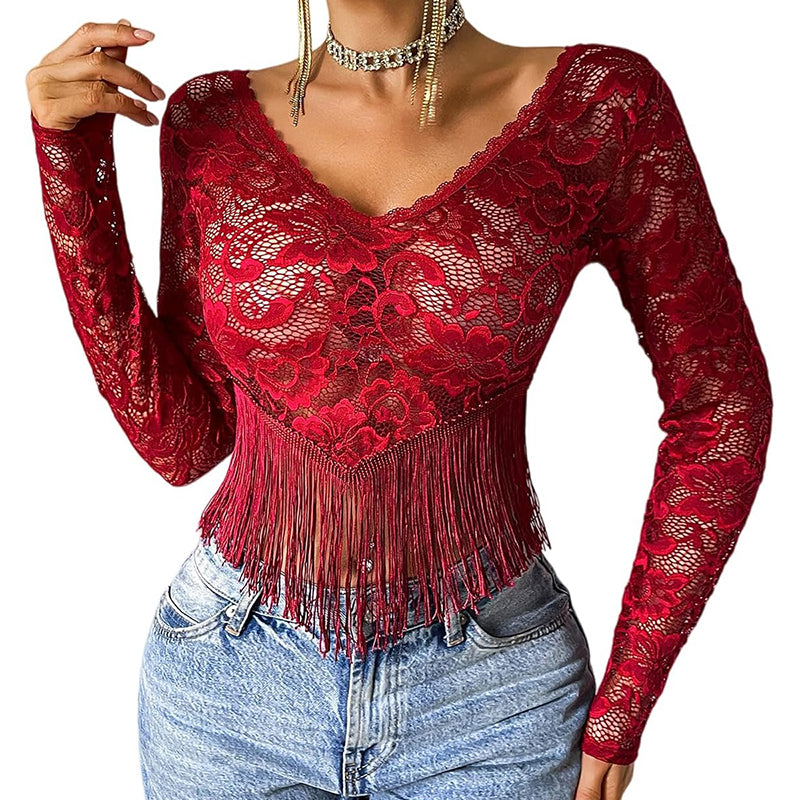 Sheer Lace Fringe Hem Crop Top