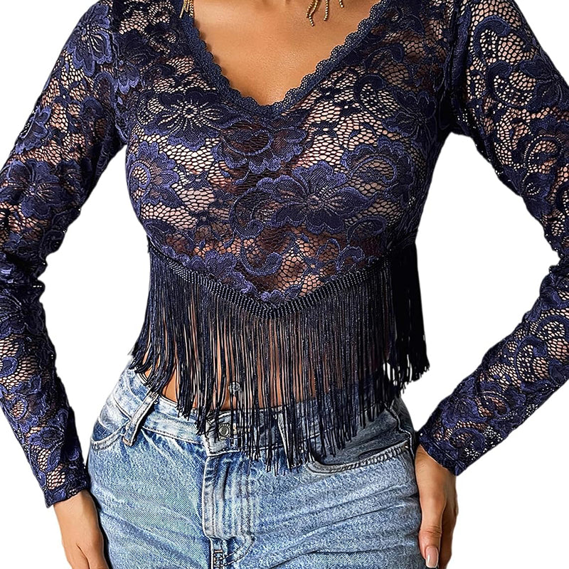 Sheer Lace Fringe Hem Crop Top