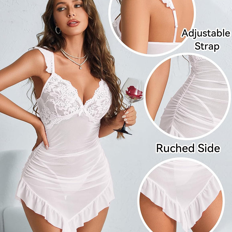 White lace ruched side lingerie dress with adjustable straps, ruffled hem, AVIDLOVE.