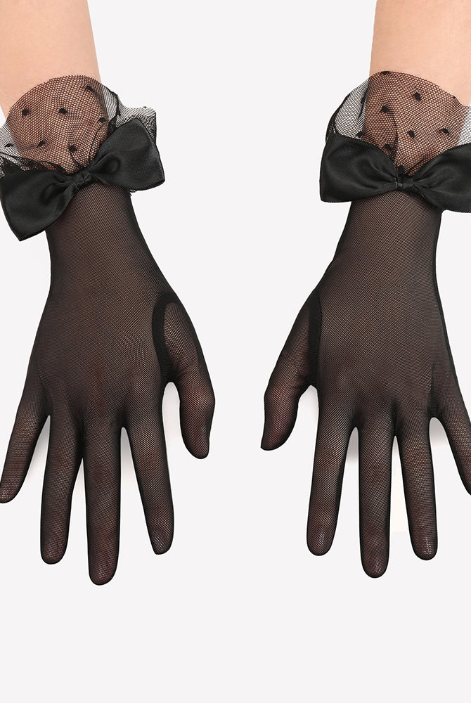 Black mesh short gloves with large bow at wrist and dotty cuff panels