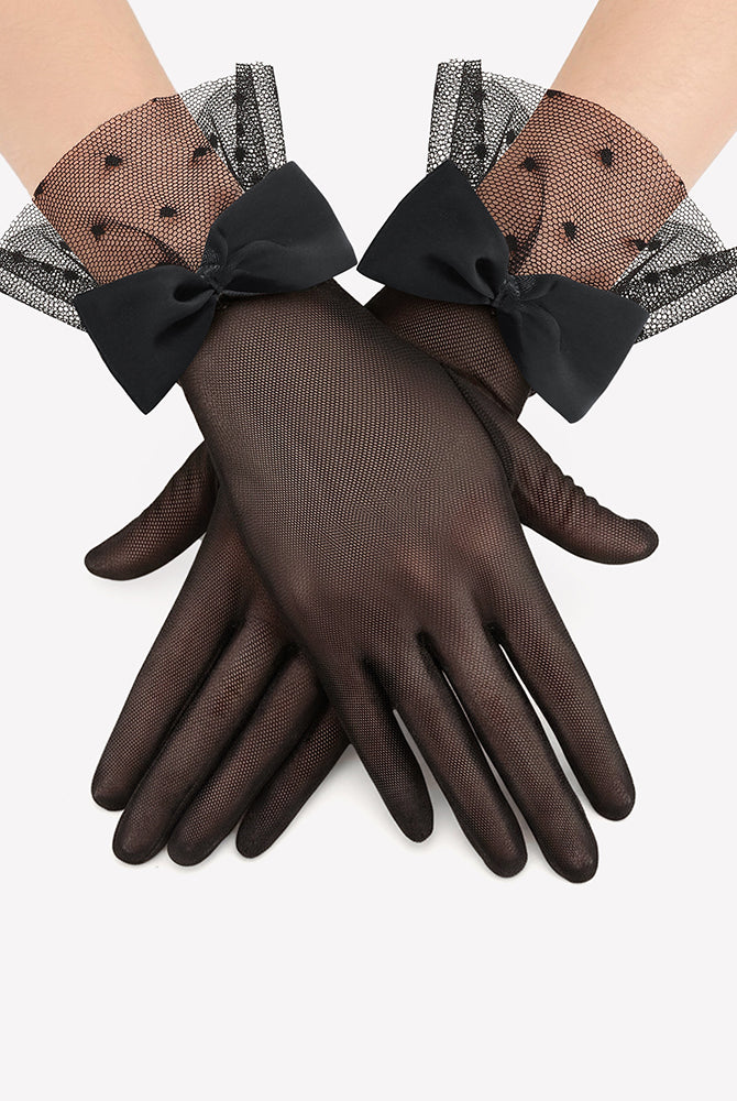 Black mesh short gloves with polka-dot accents and oversized bow ties at wrist