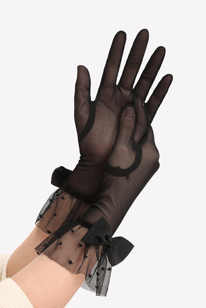 Black mesh short glove with bow ribbon and polka-dot cuff detail on wrist