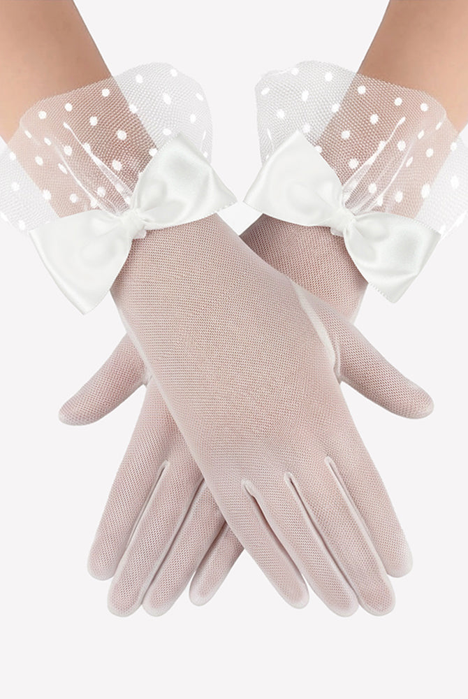 White mesh short gloves with polka-dot overlay and white bow ties at wrist