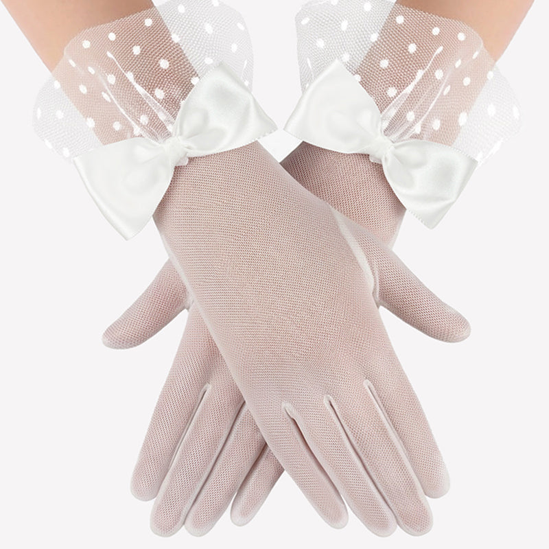 White mesh short gloves with polka-dot overlay and white bow ties at wrist